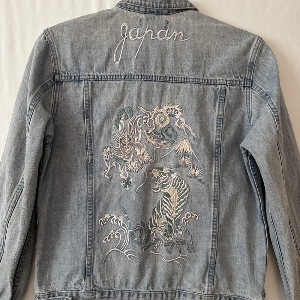 PacSun Jean Jacket M, Embroidered Japan Tiger Dragon Y2K Gorpcore Thrashed Punk - Picture 3 of 16